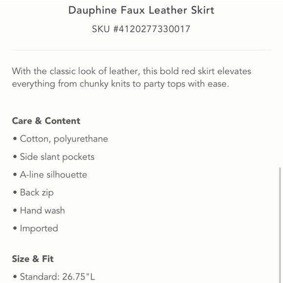 Dauphine Red PU Leather A-Line Skirt, Knee Length, Lined, Pockets ANTHROPOLOGIE - Picture 11 of 12